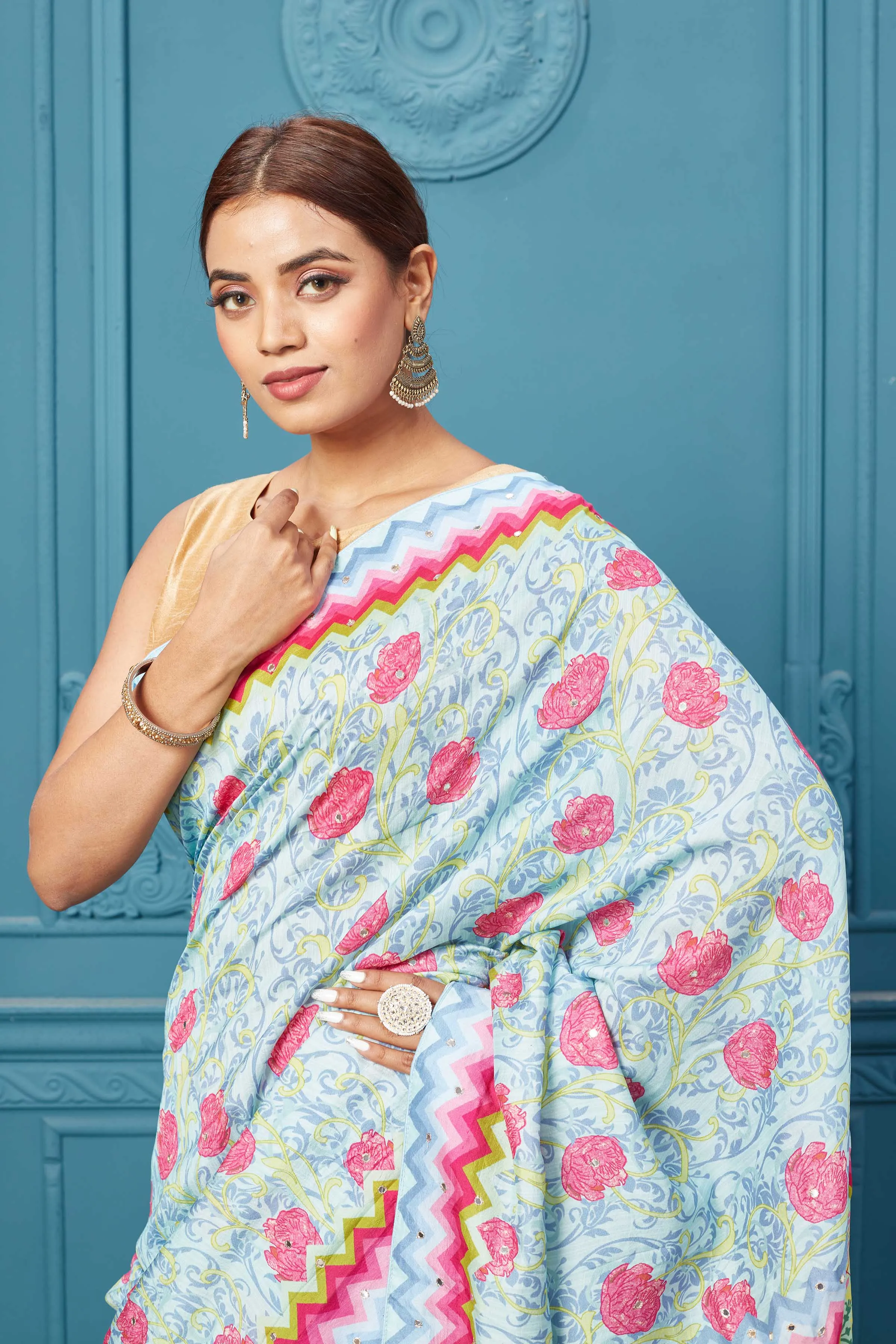 91A100 Powder Blue Floral Embroidered Mulberry Silk Saree