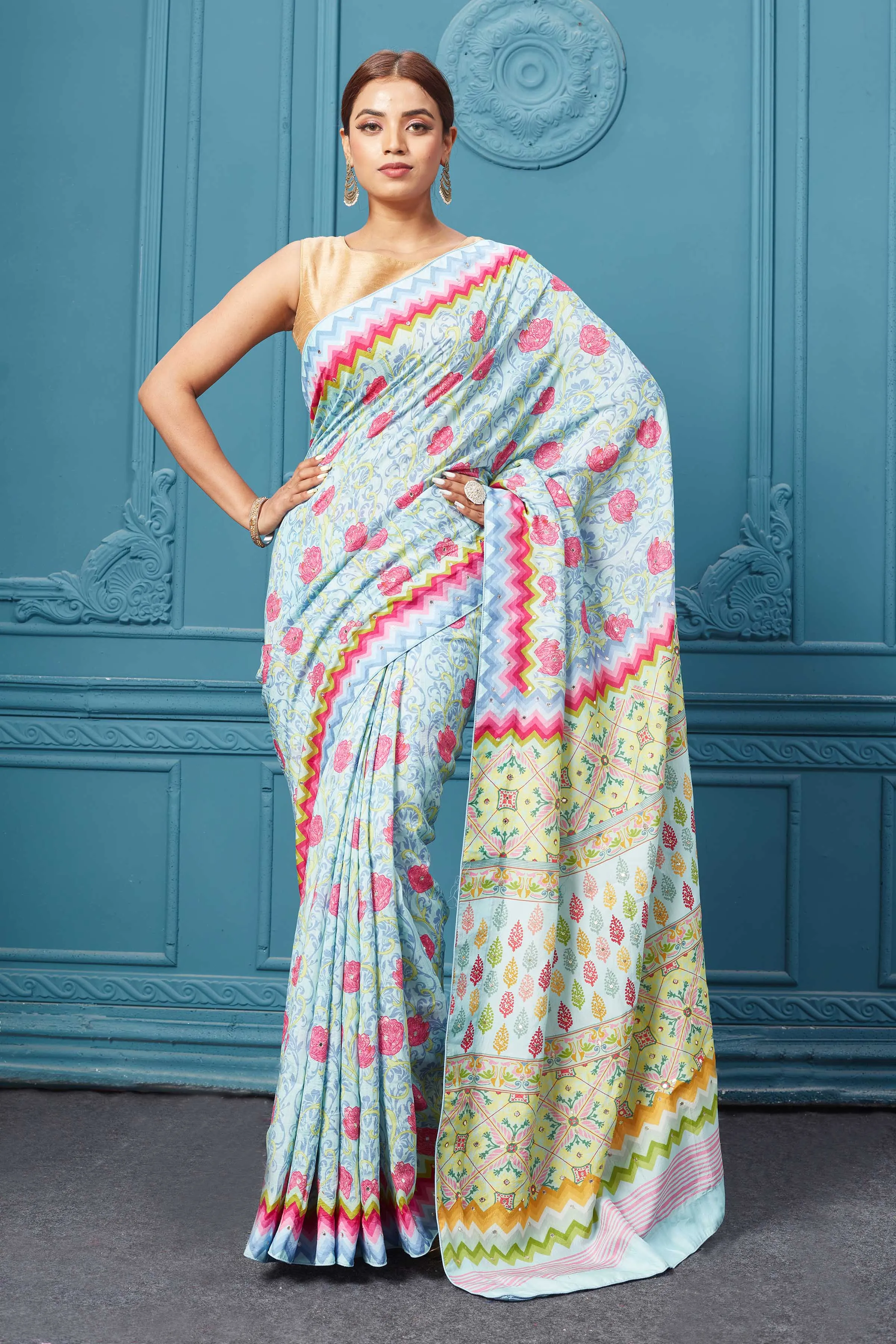 91A100 Powder Blue Floral Embroidered Mulberry Silk Saree