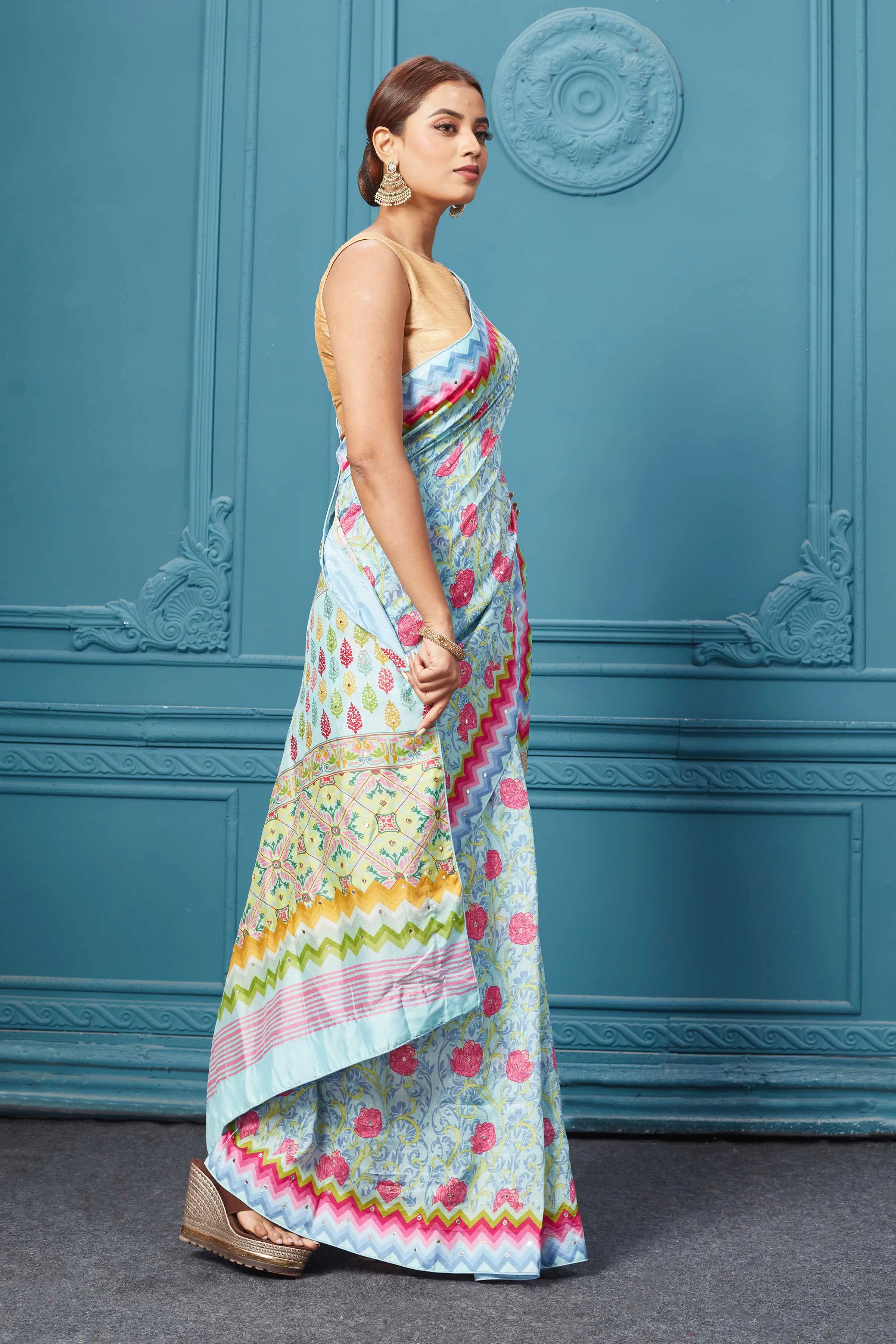 91A100 Powder Blue Floral Embroidered Mulberry Silk Saree