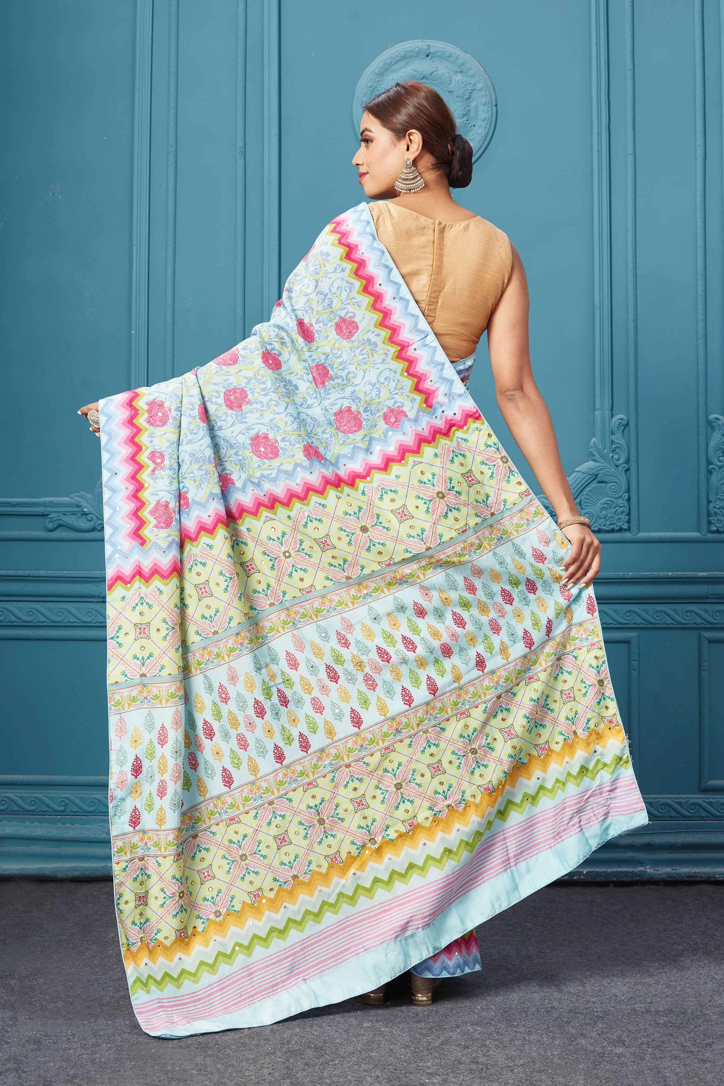 91A100 Powder Blue Floral Embroidered Mulberry Silk Saree