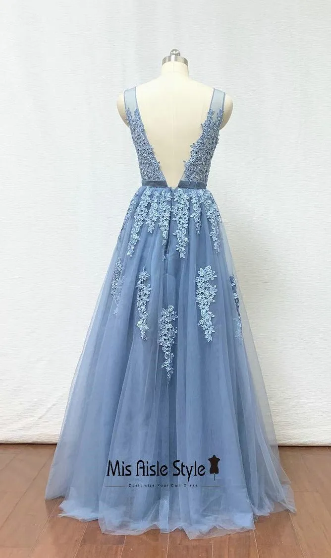 A line Blue Lace V-back Prom Dress