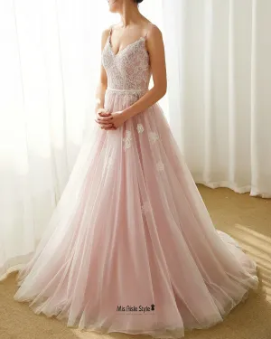 A line Spaghetti Straps Blue Wedding Dress