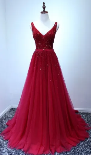 A-line V-neckline Red Tulle V-back Formal Dresses