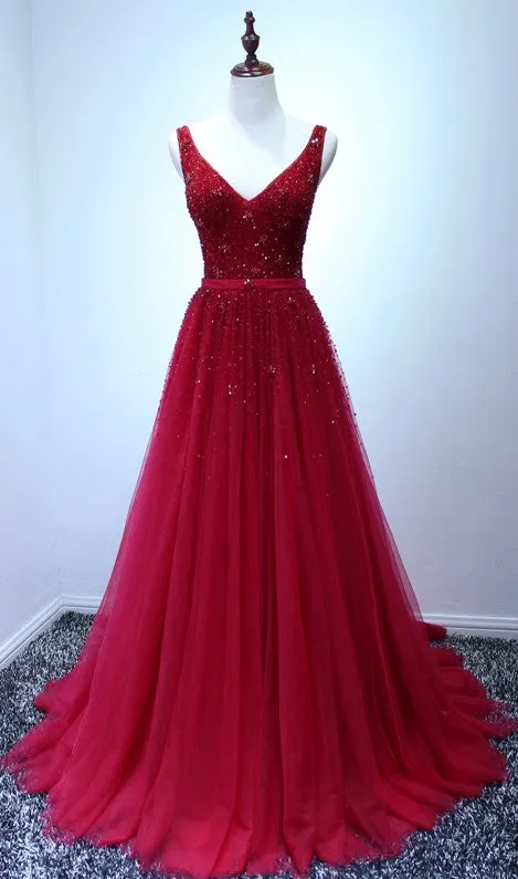 A-line V-neckline Red Tulle V-back Formal Dresses