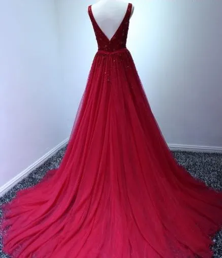 A-line V-neckline Red Tulle V-back Formal Dresses
