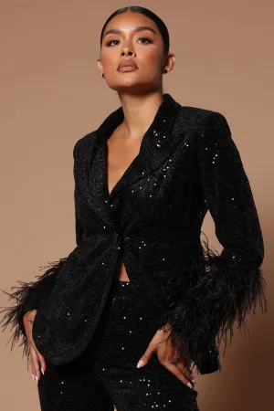 Anita Sequin Feather Trim Blazer - Black