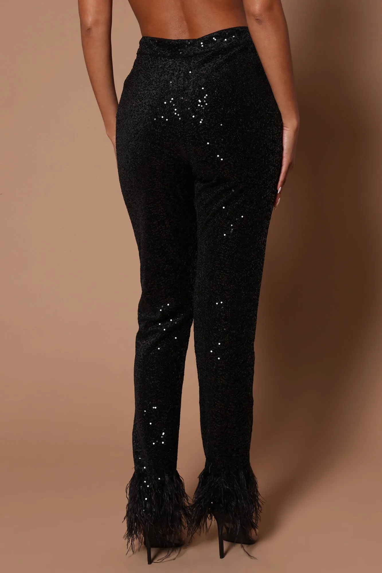 Anita Sequin Feather Trim Trouser - Black