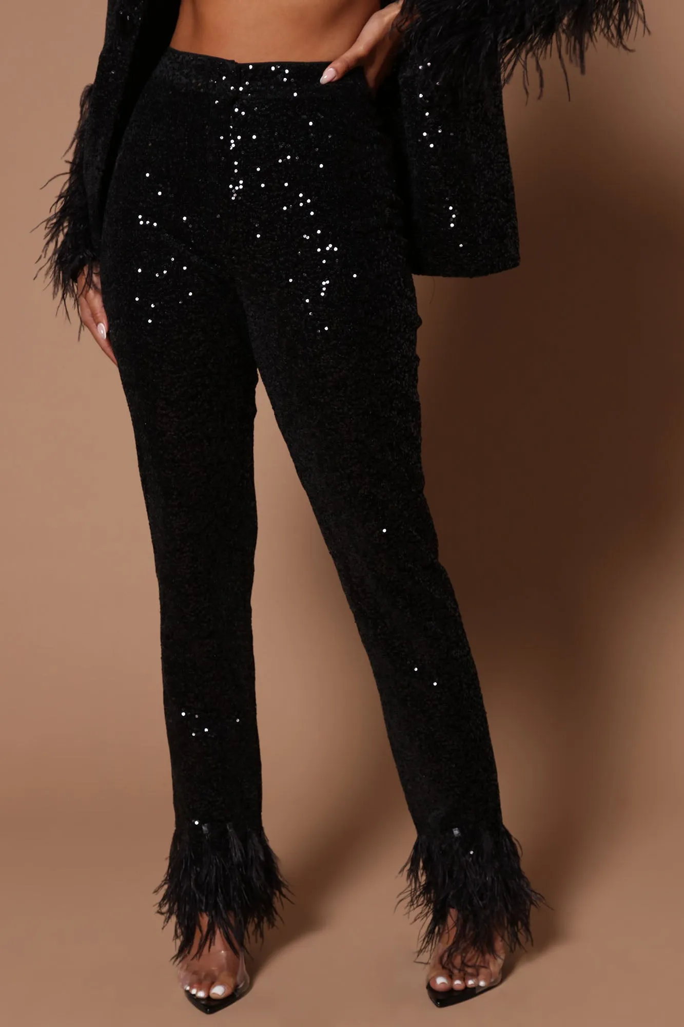 Anita Sequin Feather Trim Trouser - Black