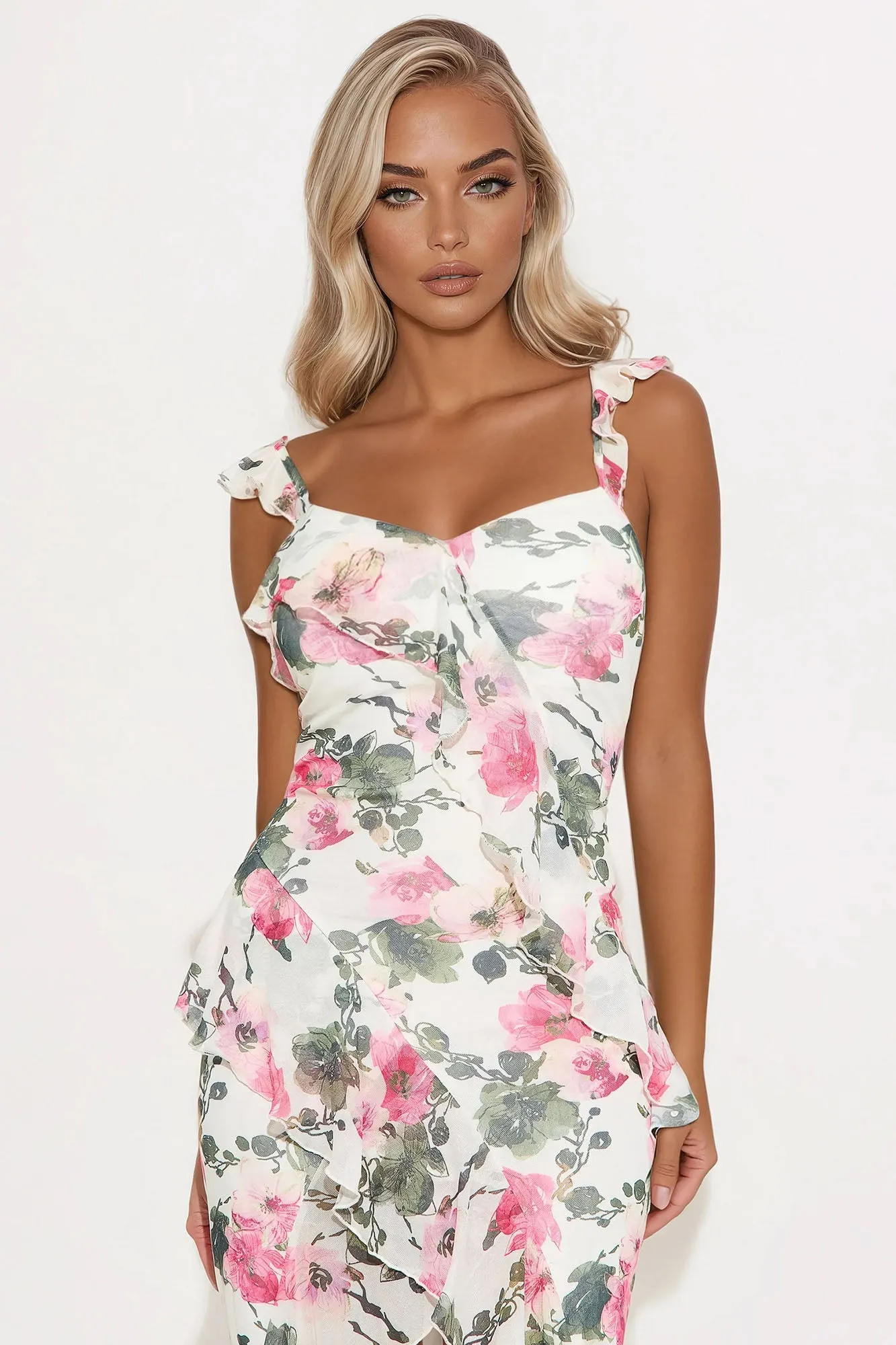 Ashley Floral Mesh Maxi Dress - Cream/combo