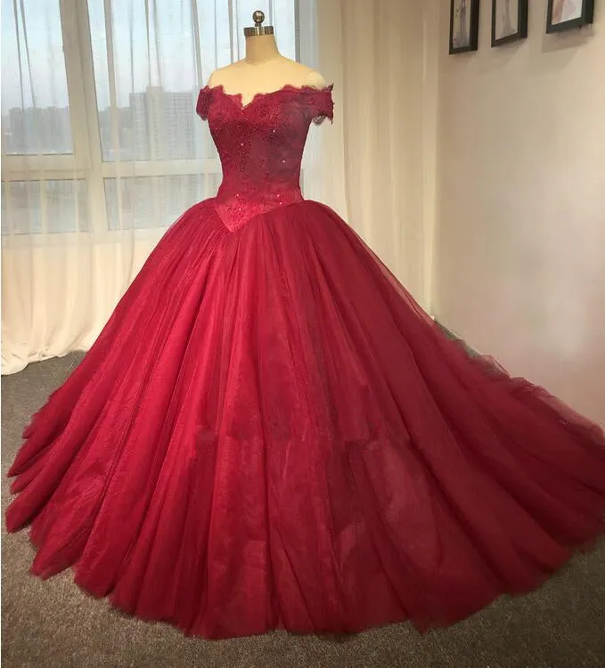 Ball Gown Off Shoulder Sleeve Burgundy Wedding Dress