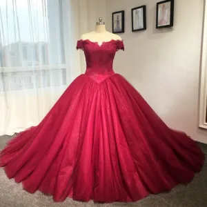Ball Gown Off Shoulder Sleeve Burgundy Wedding Dress