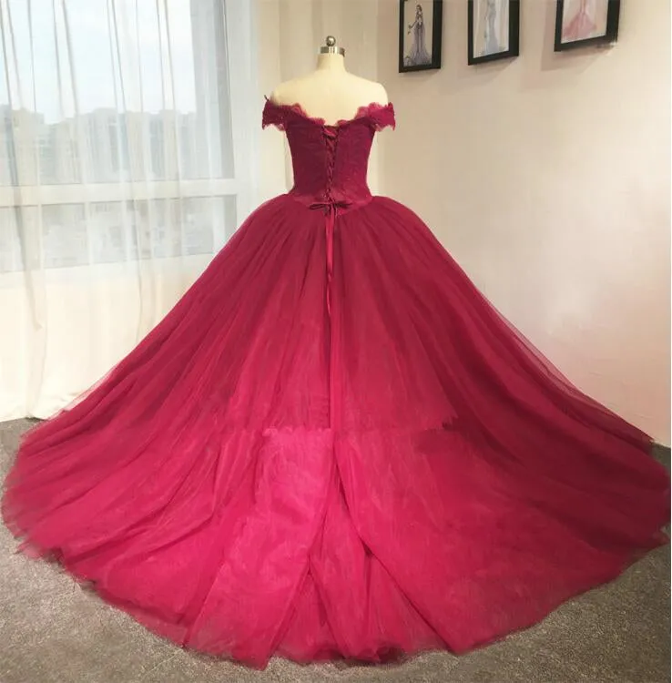 Ball Gown Off Shoulder Sleeve Burgundy Wedding Dress