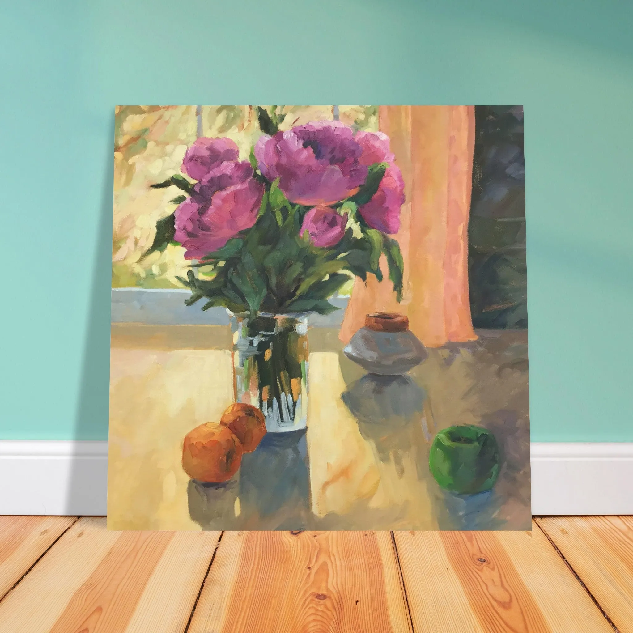 'Blooming Flowers and Fresh Fruit' Floral Still Life I 16x16 Museum-Quality Matte Paper Poster | Original Artwork by American Artist Barbara Cleary