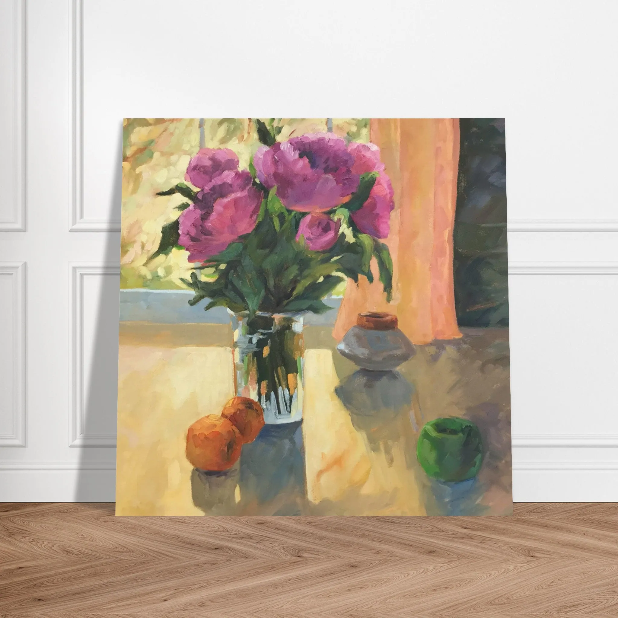 'Blooming Flowers and Fresh Fruit' Floral Still Life I 16x16 Museum-Quality Matte Paper Poster | Original Artwork by American Artist Barbara Cleary