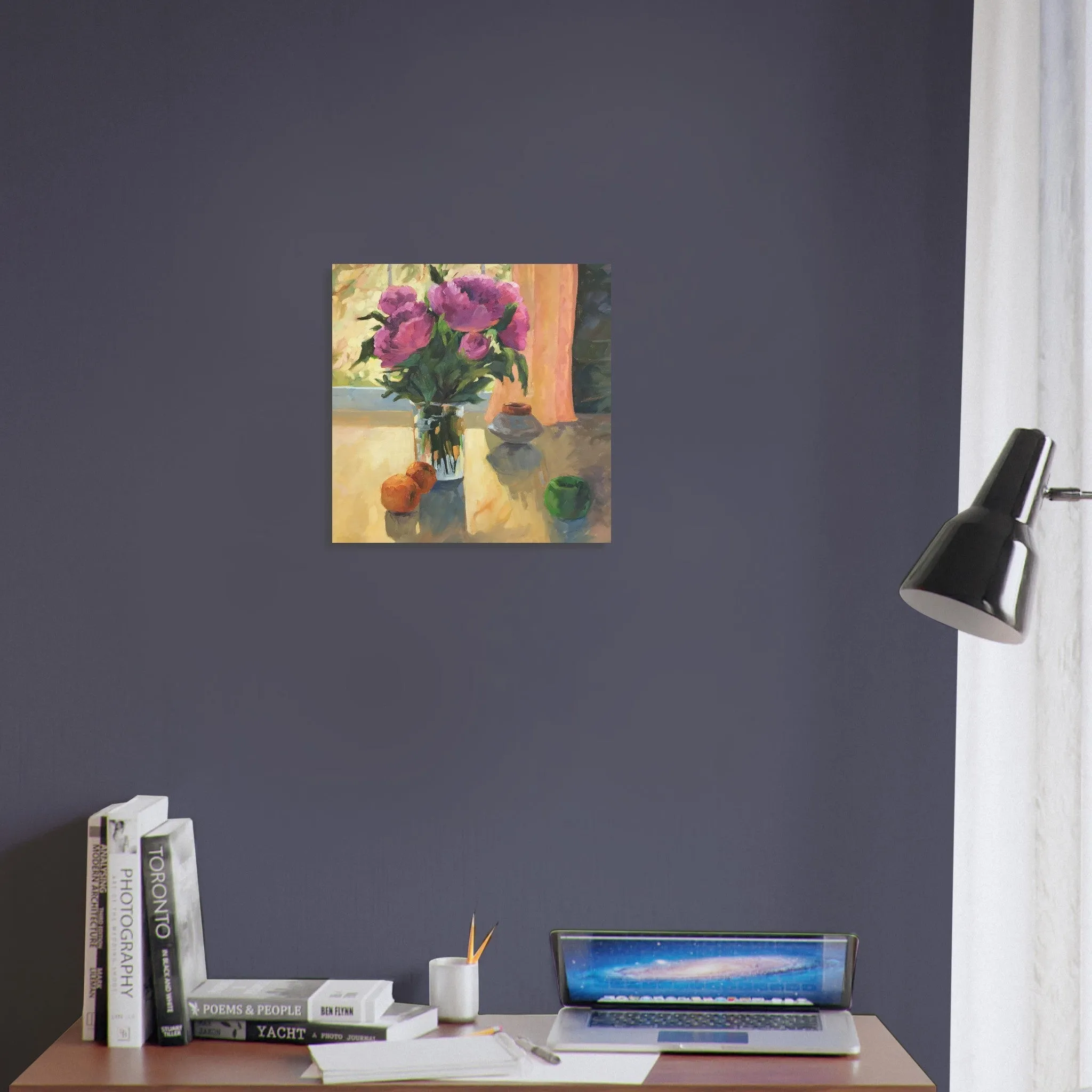 'Blooming Flowers and Fresh Fruit' Floral Still Life I 16x16 Museum-Quality Matte Paper Poster | Original Artwork by American Artist Barbara Cleary