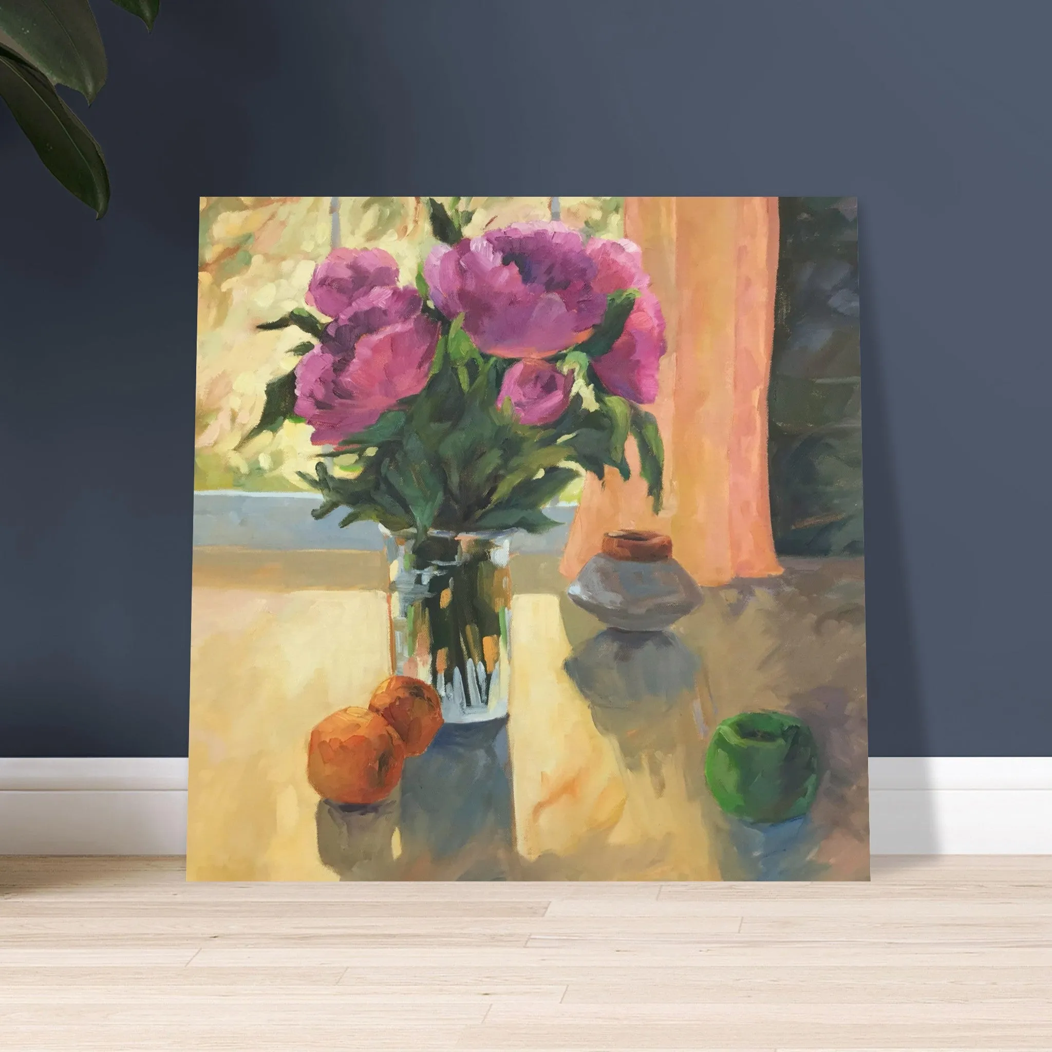 'Blooming Flowers and Fresh Fruit' Floral Still Life I 16x16 Museum-Quality Matte Paper Poster | Original Artwork by American Artist Barbara Cleary