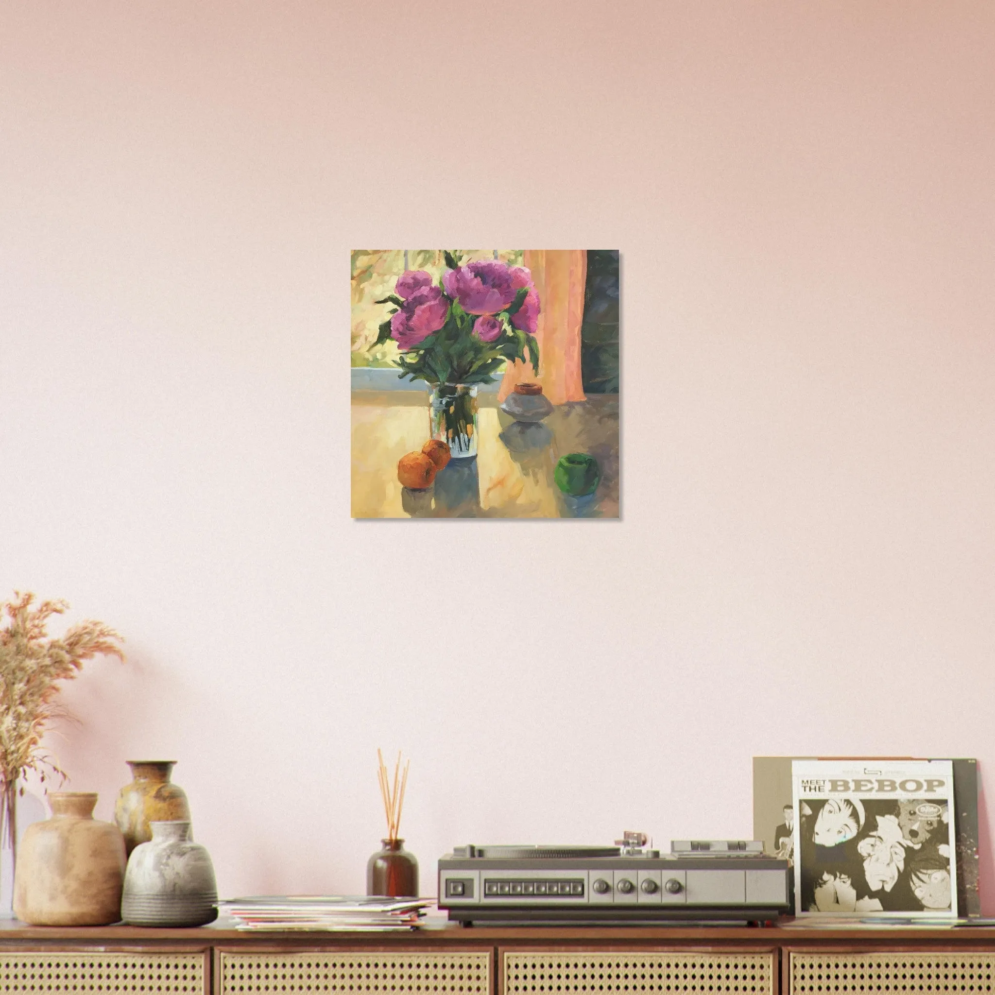 'Blooming Flowers and Fresh Fruit' Floral Still Life I 16x16 Museum-Quality Matte Paper Poster | Original Artwork by American Artist Barbara Cleary