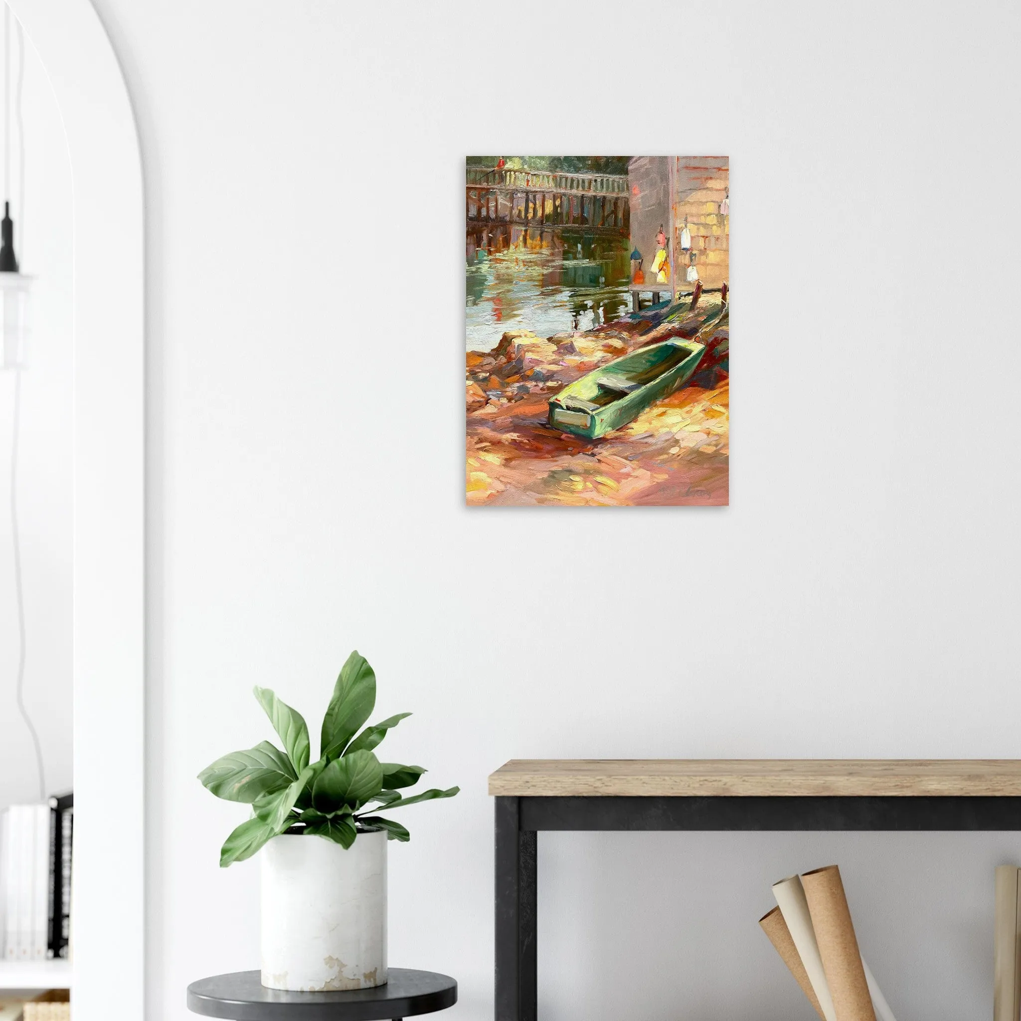 'Boathouse Reflections' Coastal I 18x24 Museum-Quality Matte Paper Poster | Original Artwork by American Artist Barbara Cleary