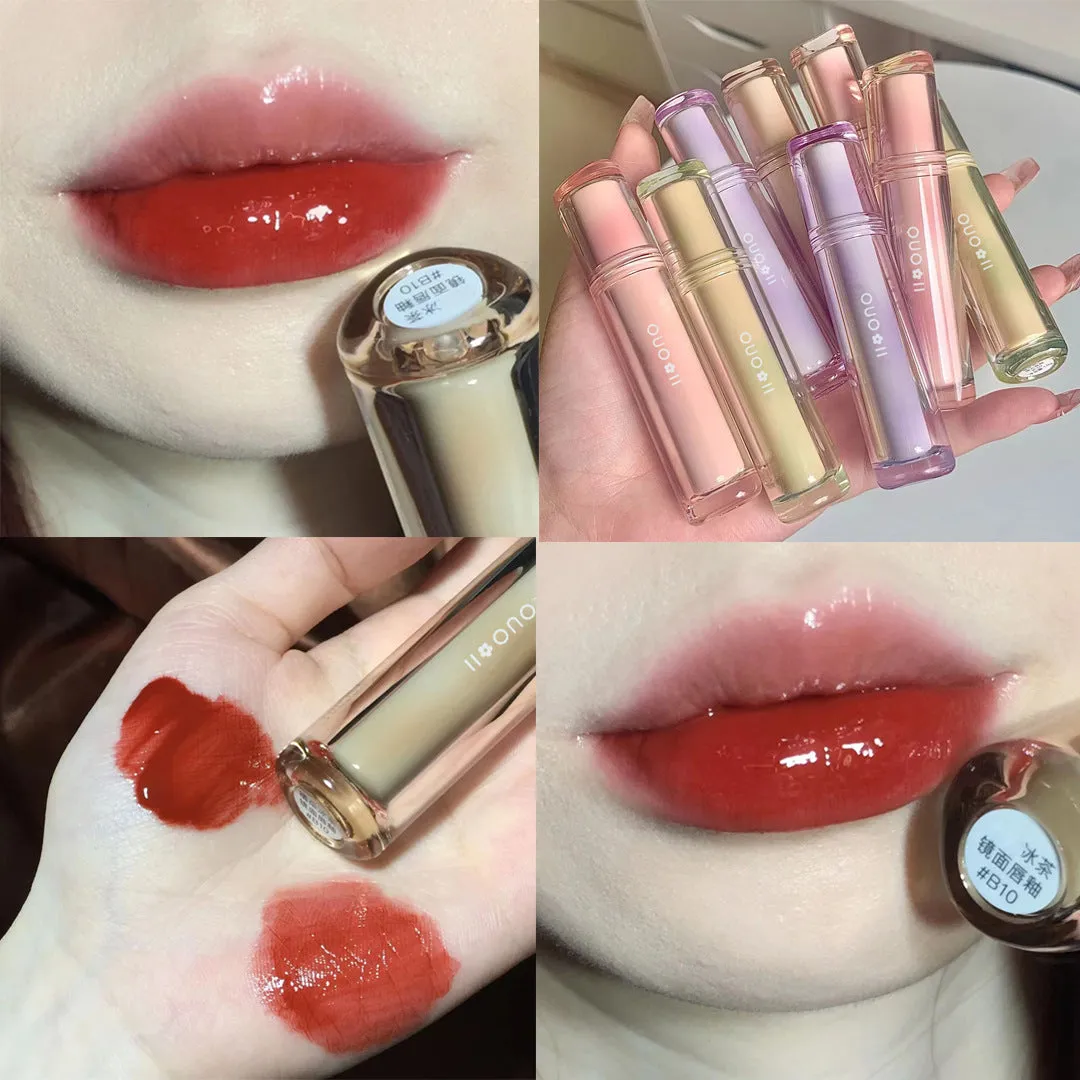 High-value ice tea glass mirror water lip glaze doodle lip lipstick female student style lip gloss lip gloss lasting and not fading