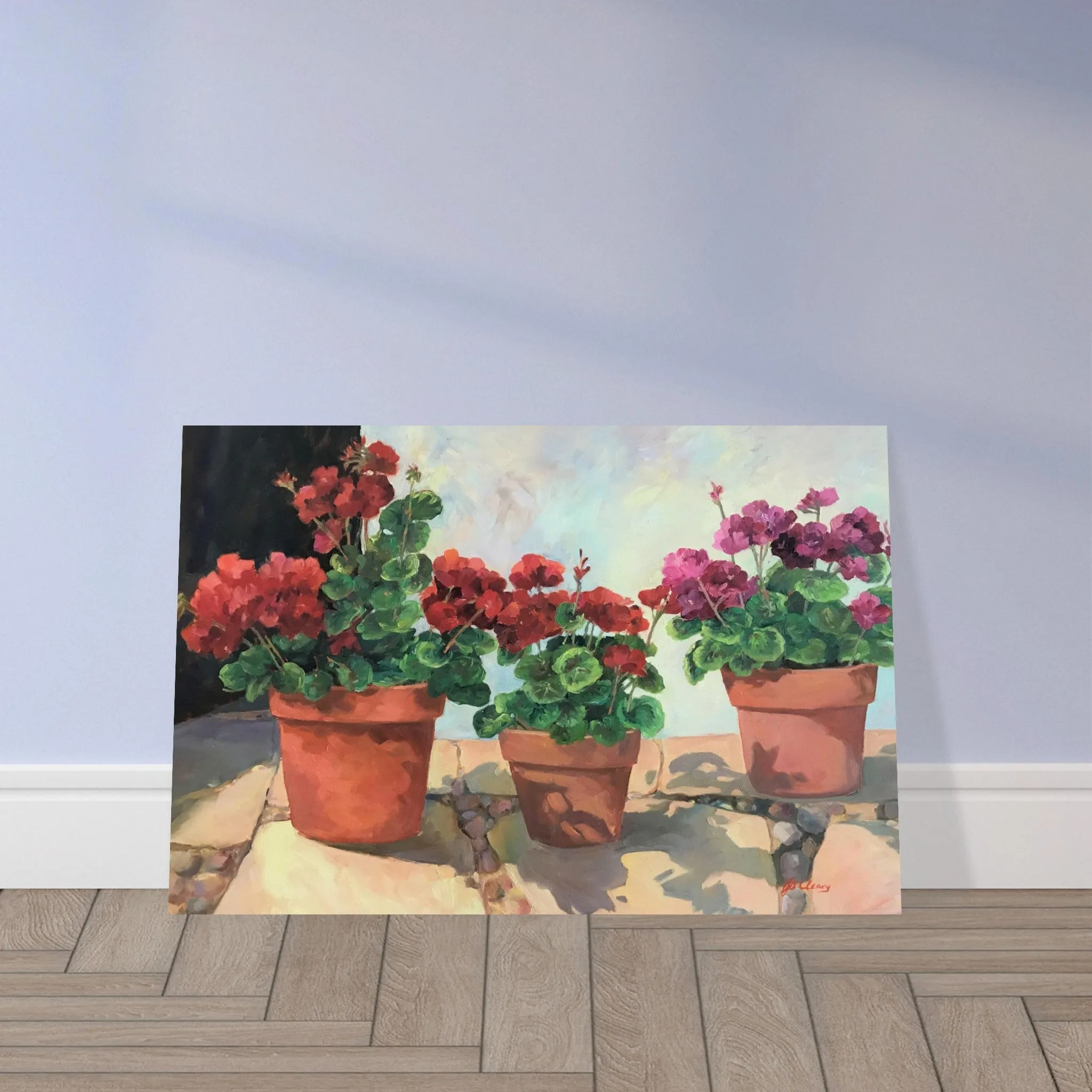 'Potted Red Geraniums Series 1' Floral I 16x24 Museum-Quality Matte Paper Poster I Original Artwork by American Artist Barbara Cleary
