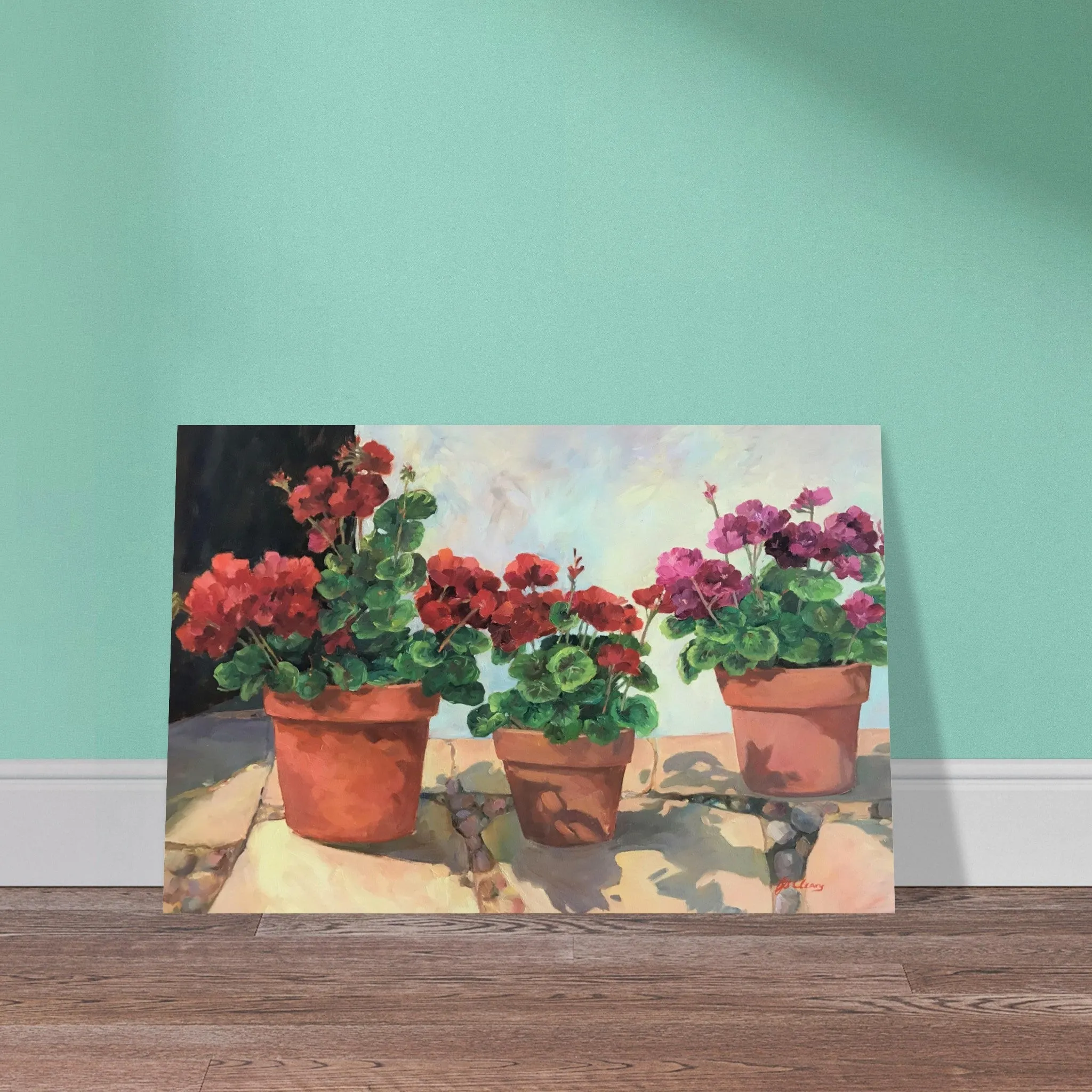 'Potted Red Geraniums Series 1' Floral I 16x24 Museum-Quality Matte Paper Poster I Original Artwork by American Artist Barbara Cleary