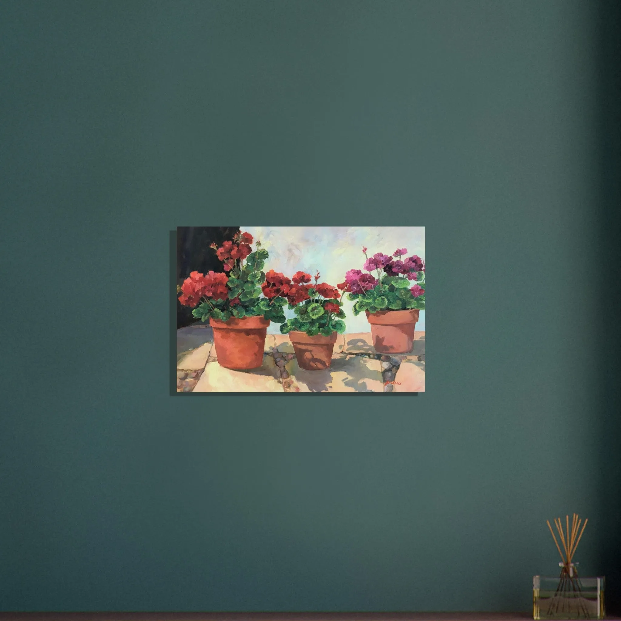 'Potted Red Geraniums Series 1' Floral I 16x24 Museum-Quality Matte Paper Poster I Original Artwork by American Artist Barbara Cleary