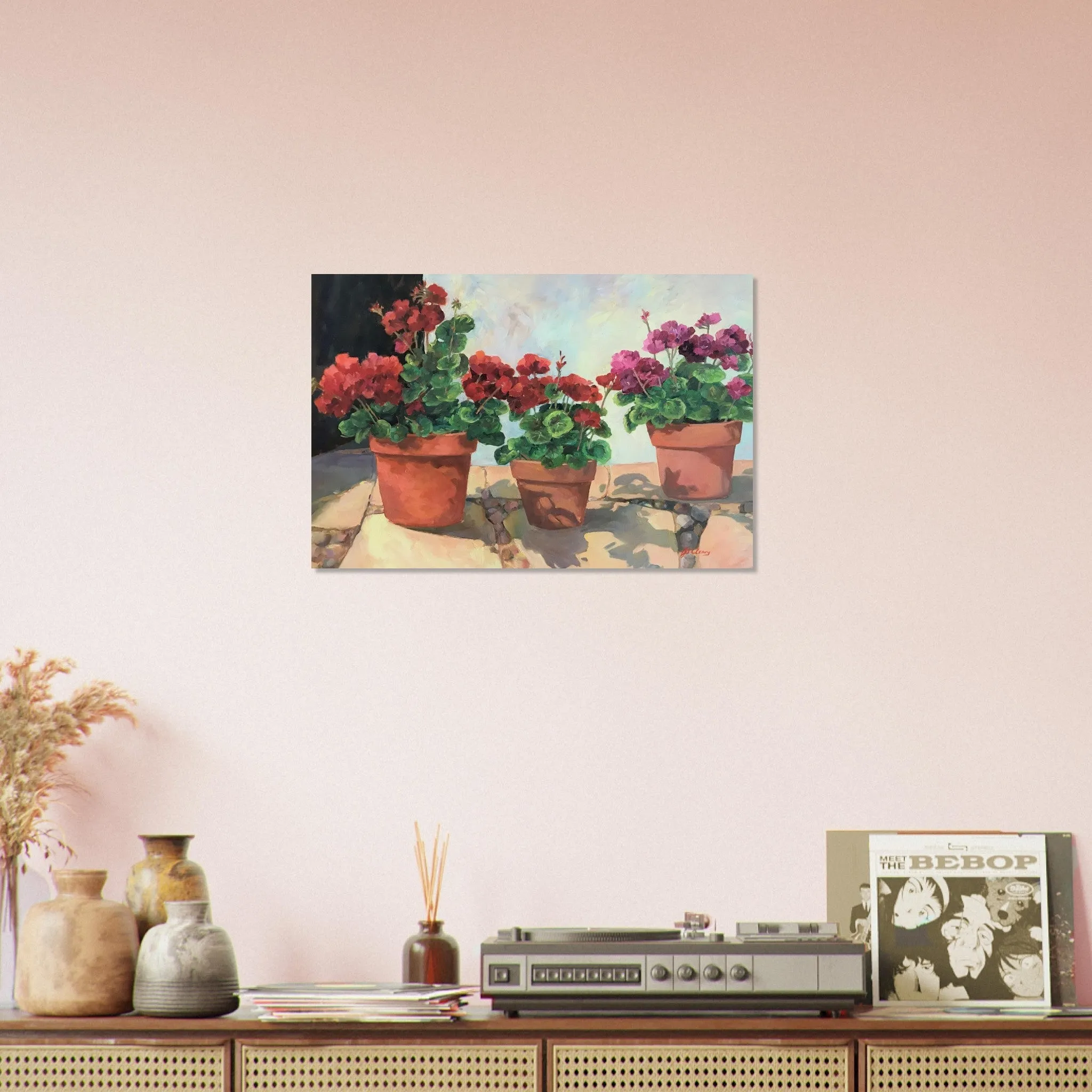 'Potted Red Geraniums Series 1' Floral I 16x24 Museum-Quality Matte Paper Poster I Original Artwork by American Artist Barbara Cleary