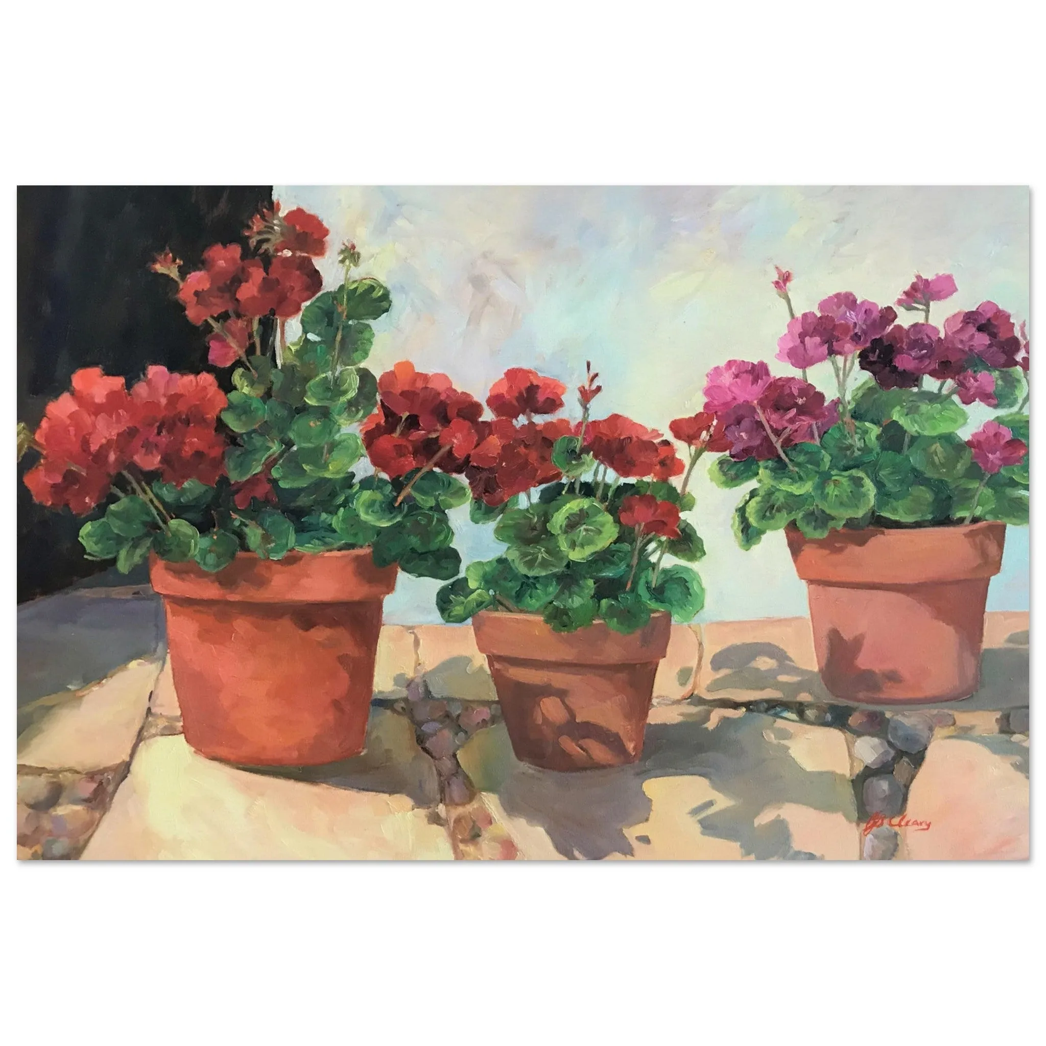 'Potted Red Geraniums Series 1' Floral I 16x24 Museum-Quality Matte Paper Poster I Original Artwork by American Artist Barbara Cleary