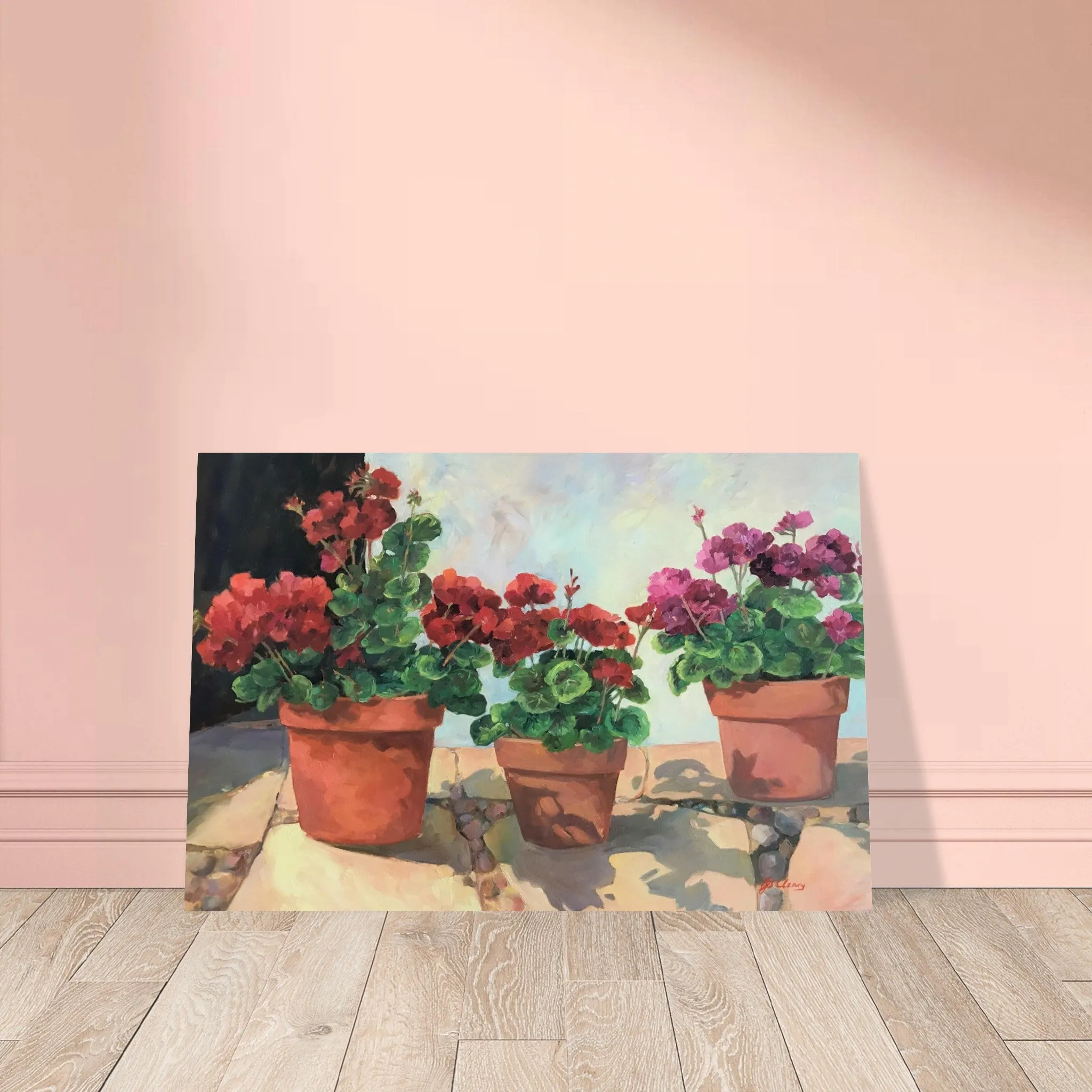 'Potted Red Geraniums Series 1' Floral I 16x24 Museum-Quality Matte Paper Poster I Original Artwork by American Artist Barbara Cleary