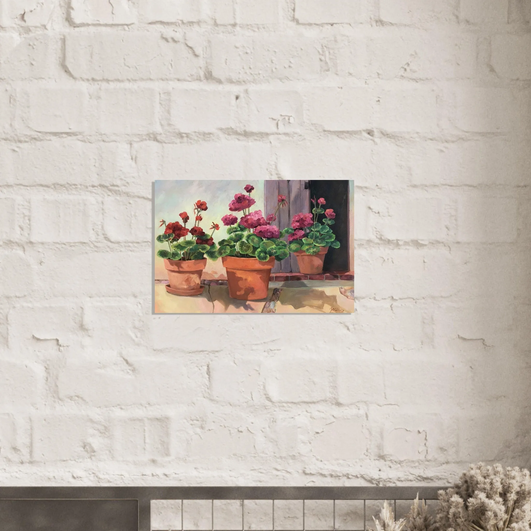 'Potted Red Geraniums Series 2' Floral I 16x24 Museum-Quality Matte Paper Poster I Original Artwork by American Artist Barbara Cleary