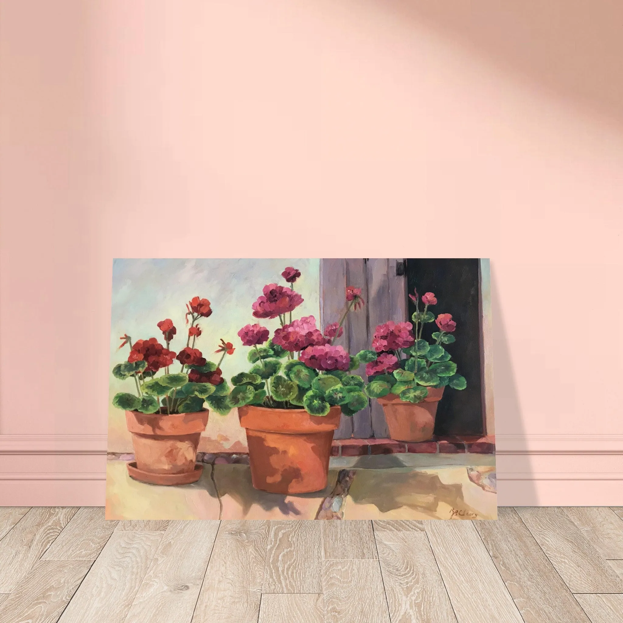 'Potted Red Geraniums Series 2' Floral I 16x24 Museum-Quality Matte Paper Poster I Original Artwork by American Artist Barbara Cleary