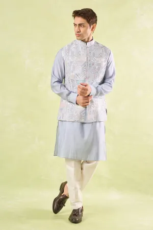Powder Blue Embroidered Kurta-Bundi Set
