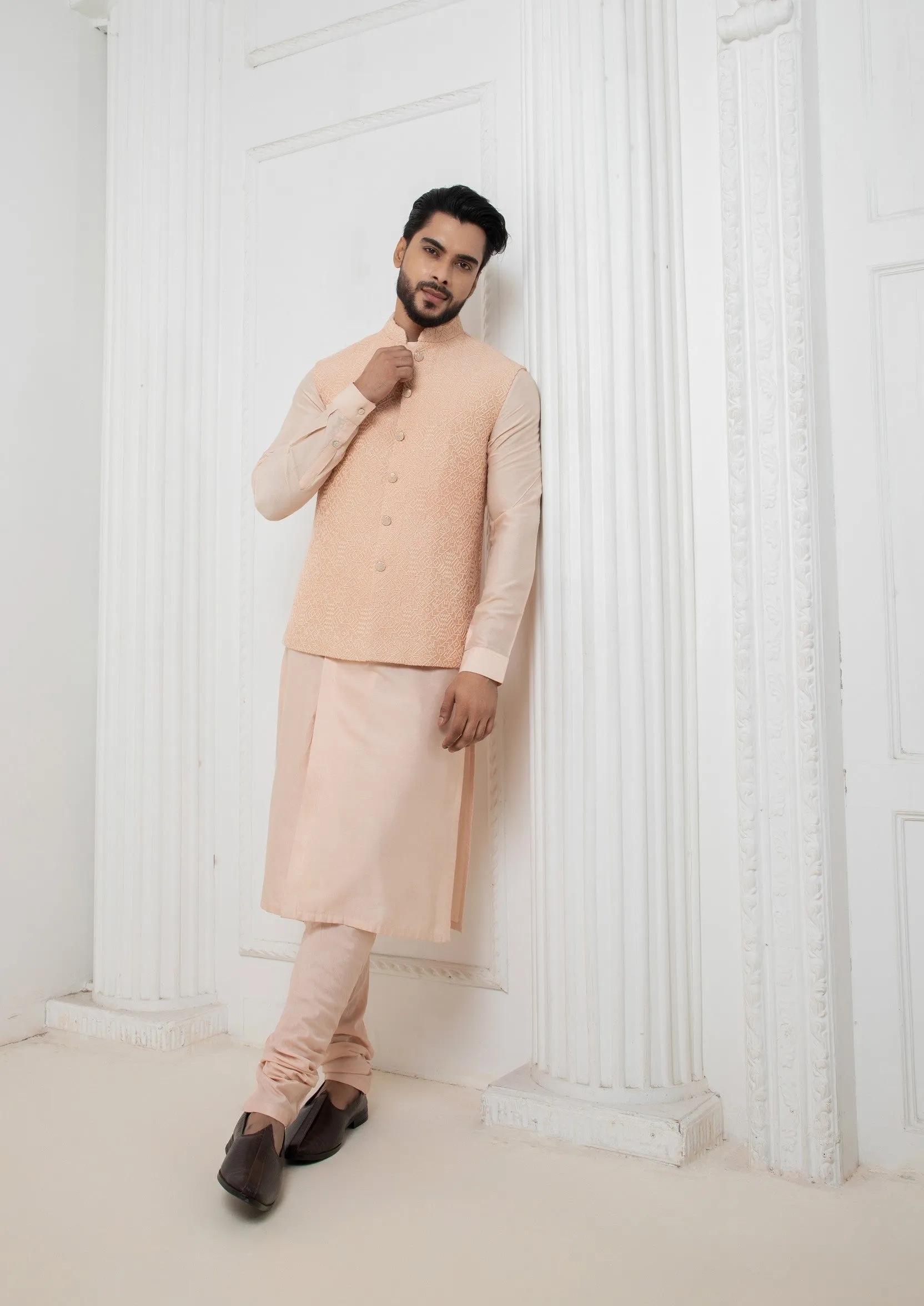 Powder pink jacket with kurta set