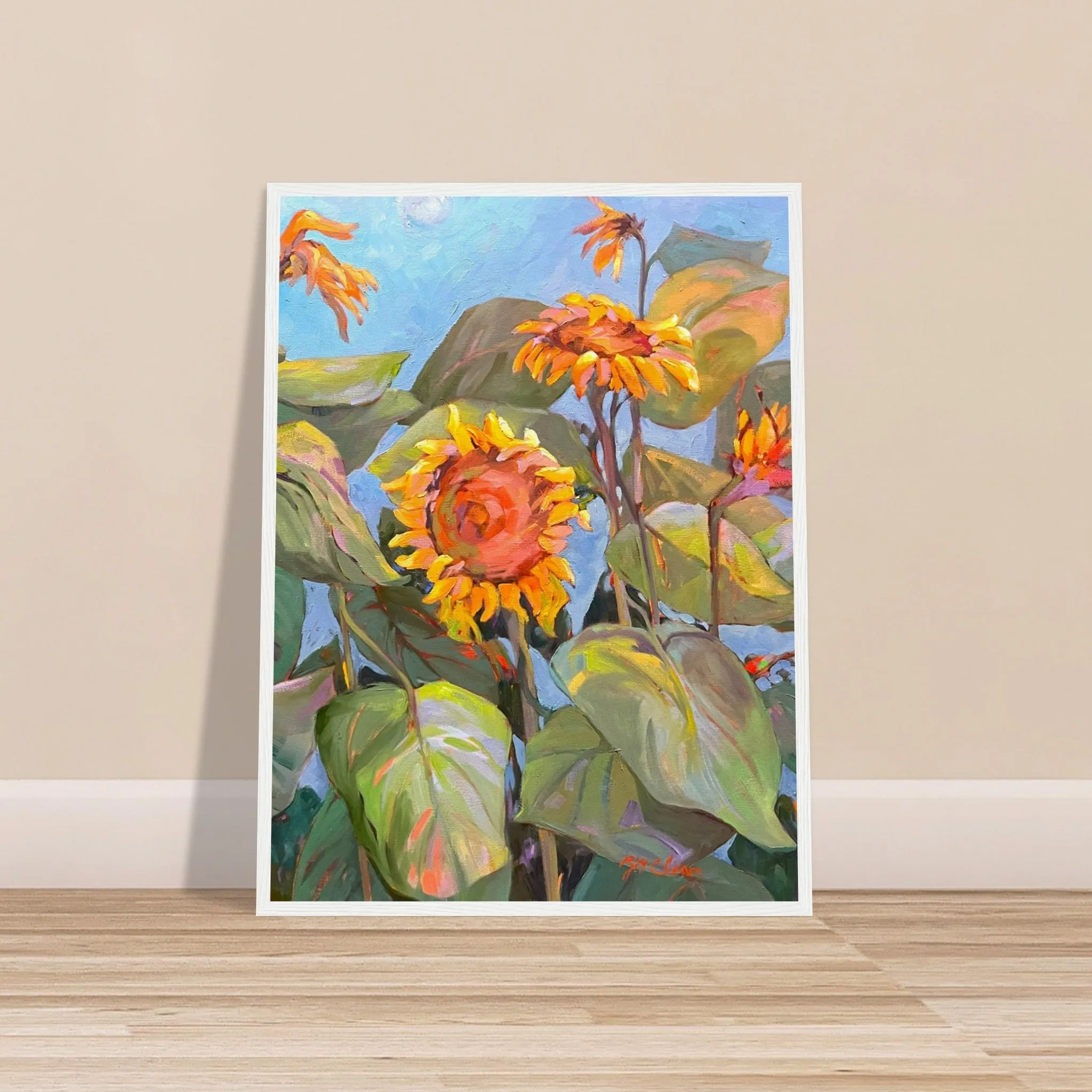 'Southwind Sunflowers 2' Floral | 18x24 inch Wooden Framed Art Print | Original Artwork by American Artist Barbara Cleary
