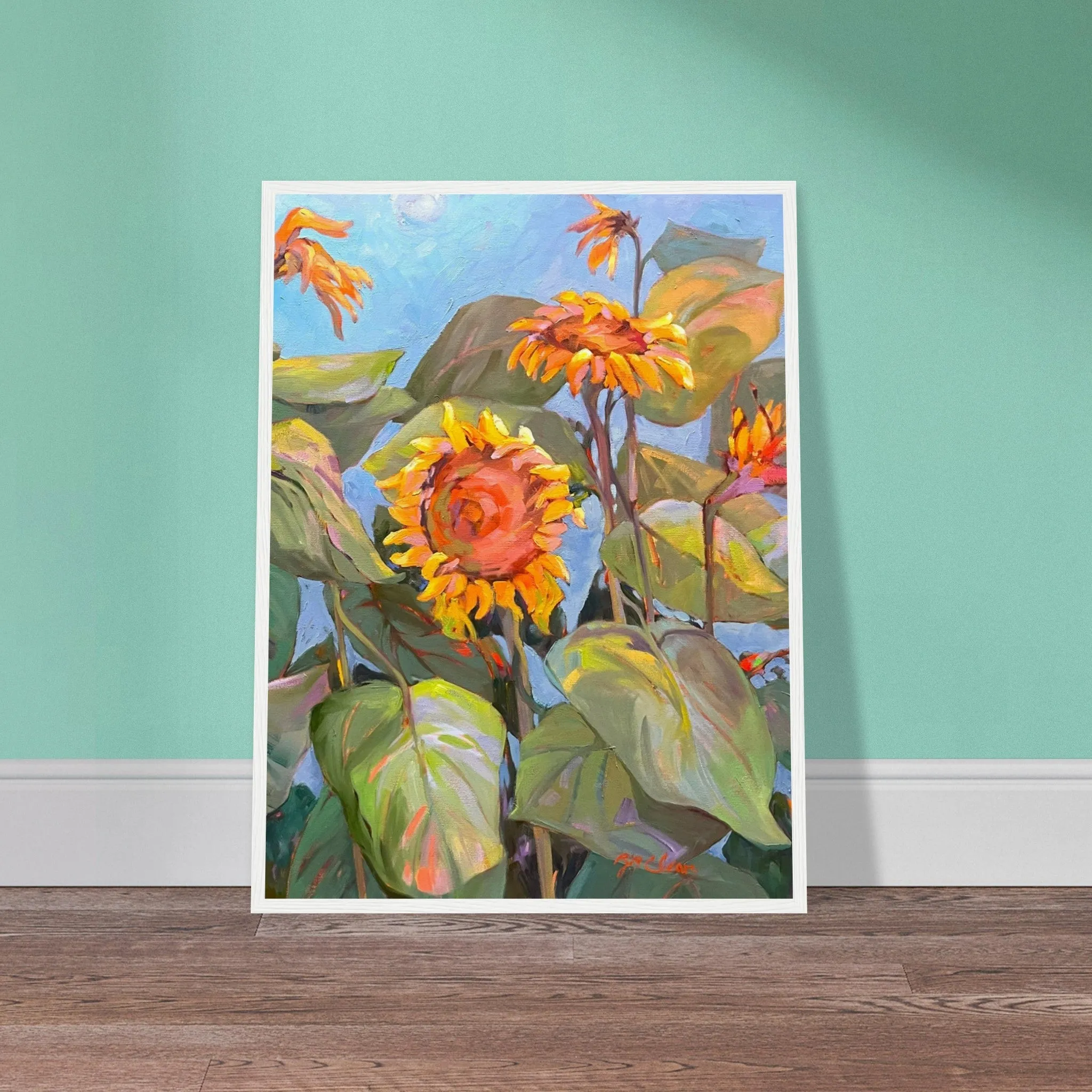 'Southwind Sunflowers 2' Floral | 18x24 inch Wooden Framed Art Print | Original Artwork by American Artist Barbara Cleary
