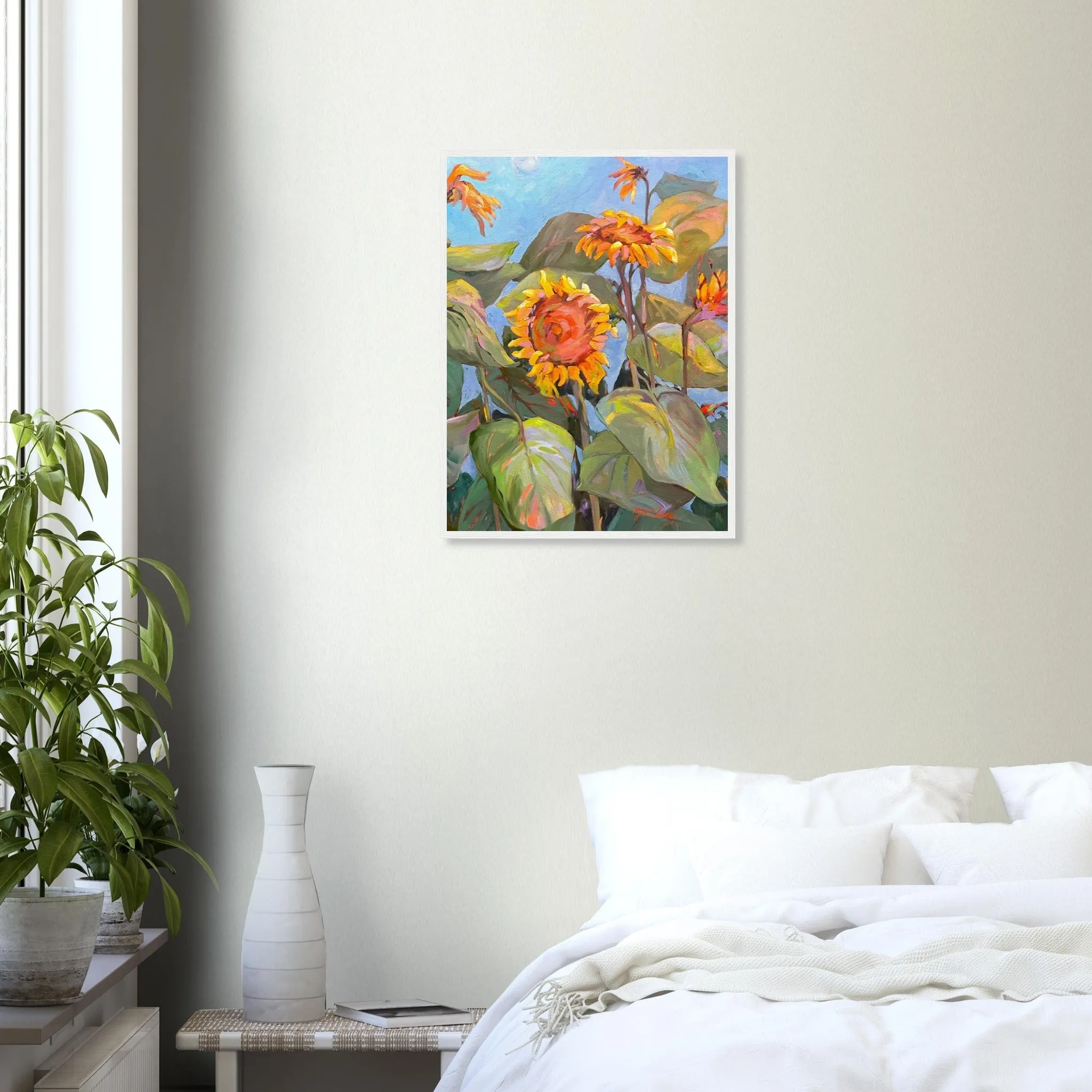 'Southwind Sunflowers 2' Floral | 18x24 inch Wooden Framed Art Print | Original Artwork by American Artist Barbara Cleary