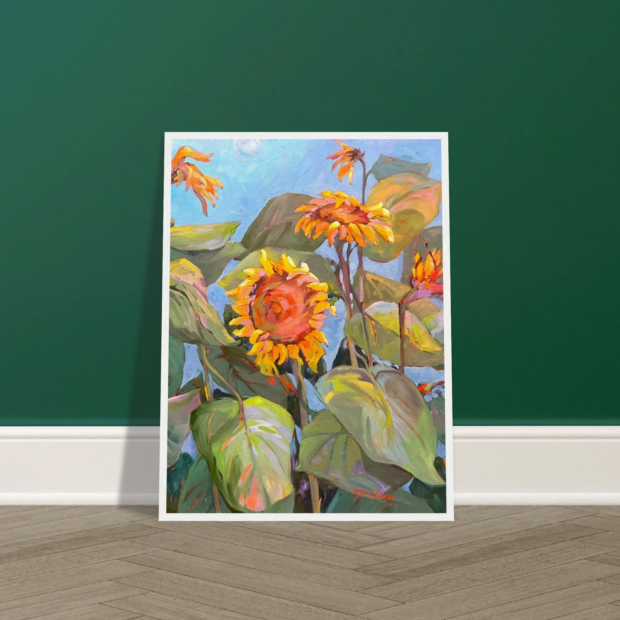 'Southwind Sunflowers 2' Floral | 18x24 inch Wooden Framed Art Print | Original Artwork by American Artist Barbara Cleary