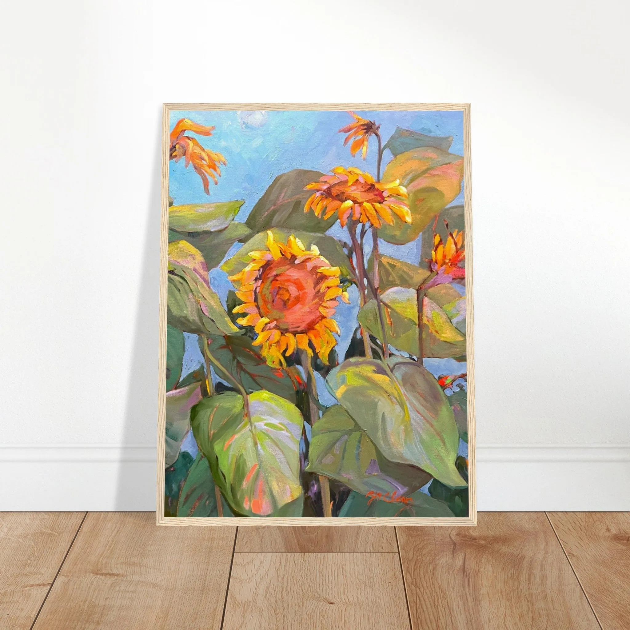 'Southwind Sunflowers 2' Floral | 18x24 inch Wooden Framed Art Print | Original Artwork by American Artist Barbara Cleary