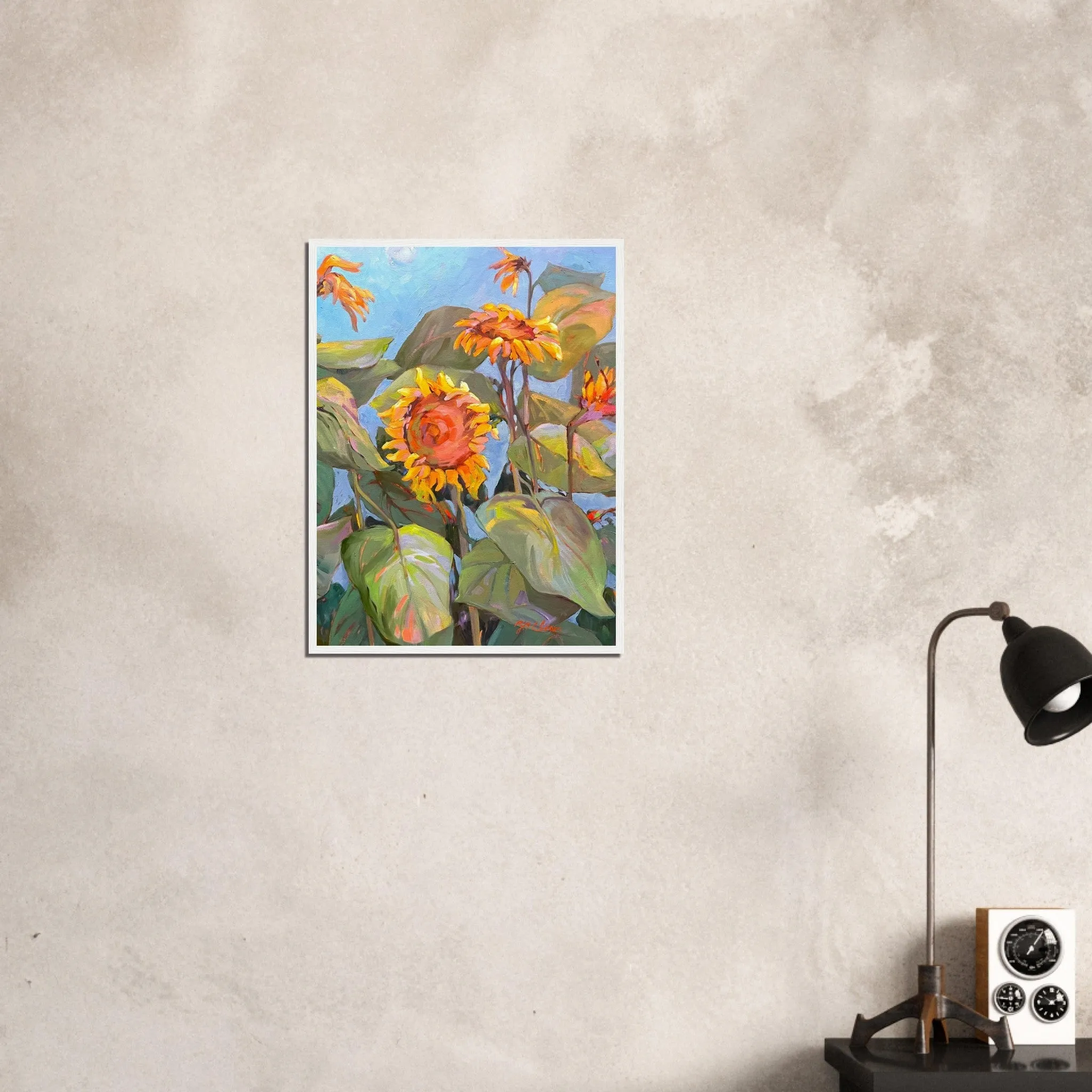 'Southwind Sunflowers 2' Floral | 18x24 inch Wooden Framed Art Print | Original Artwork by American Artist Barbara Cleary