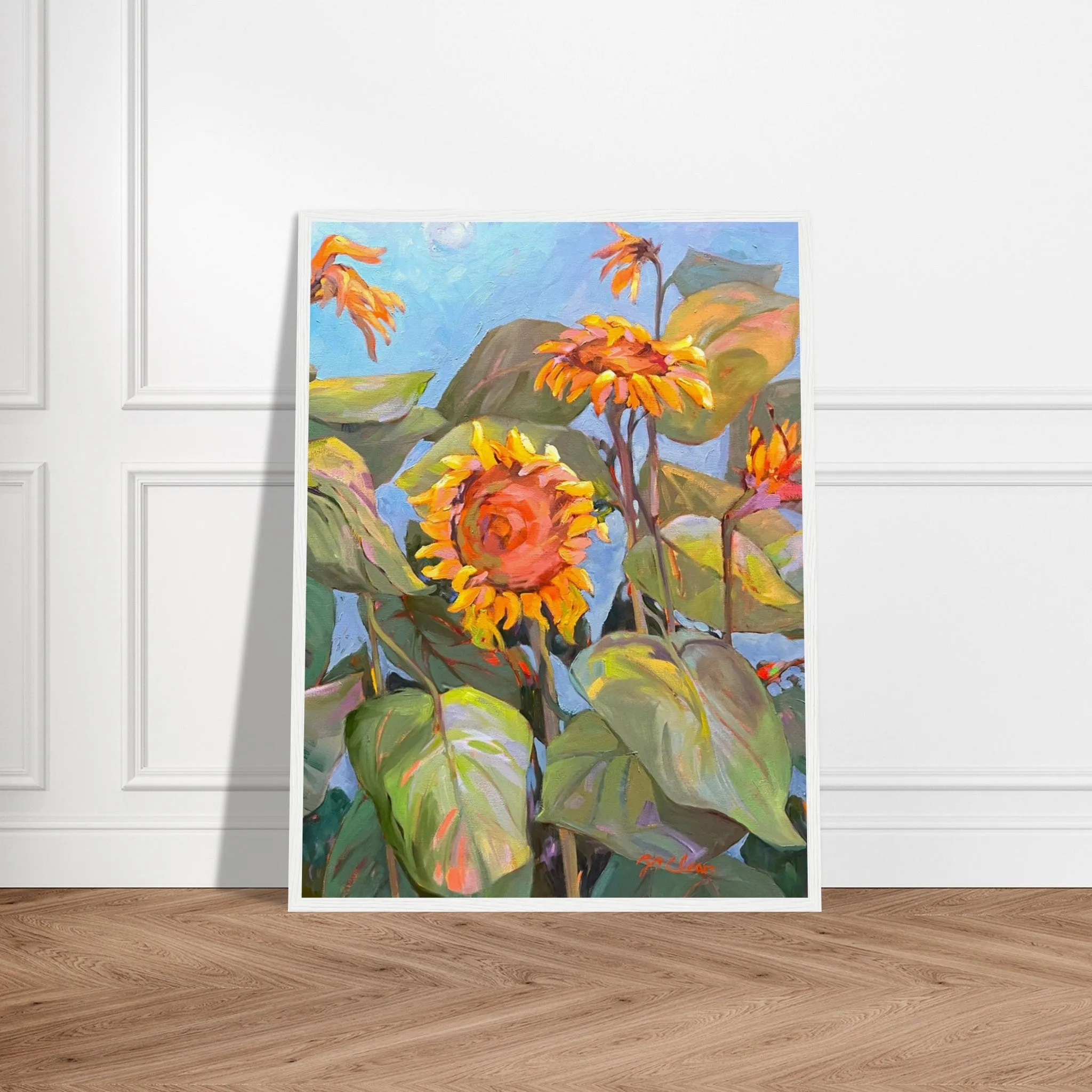 'Southwind Sunflowers 2' Floral | 18x24 inch Wooden Framed Art Print | Original Artwork by American Artist Barbara Cleary