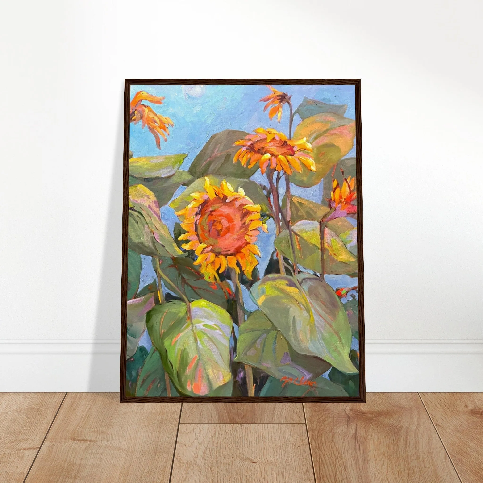 'Southwind Sunflowers 2' Floral | 18x24 inch Wooden Framed Art Print | Original Artwork by American Artist Barbara Cleary