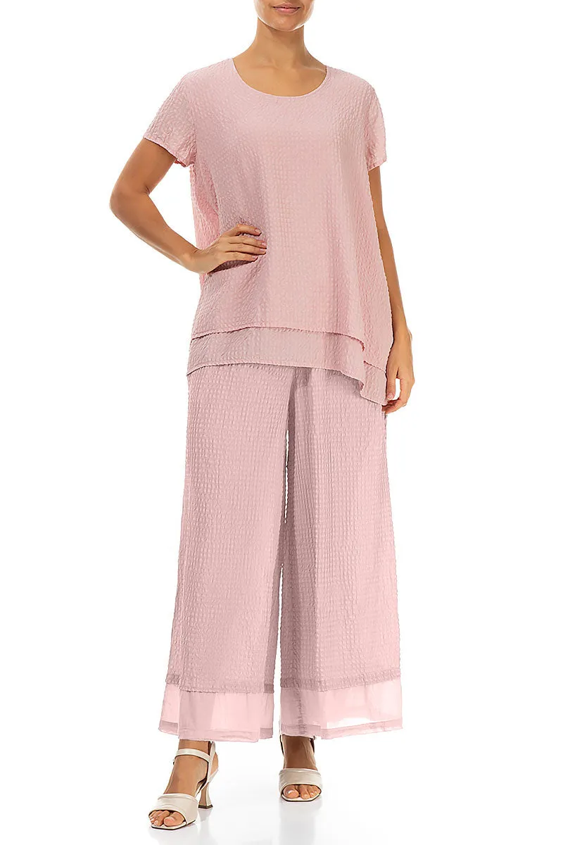 Wide Powder Pink Textured Silk Trousers